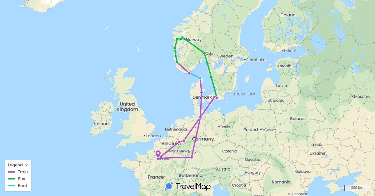 TravelMap itinerary: bus, train, boat in Germany, Denmark, France, Norway, Sweden (Europe)